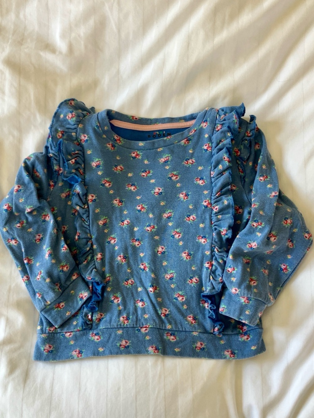 Mini Boden Blue Floral Ruffle Sweatshirt - Size 5-6